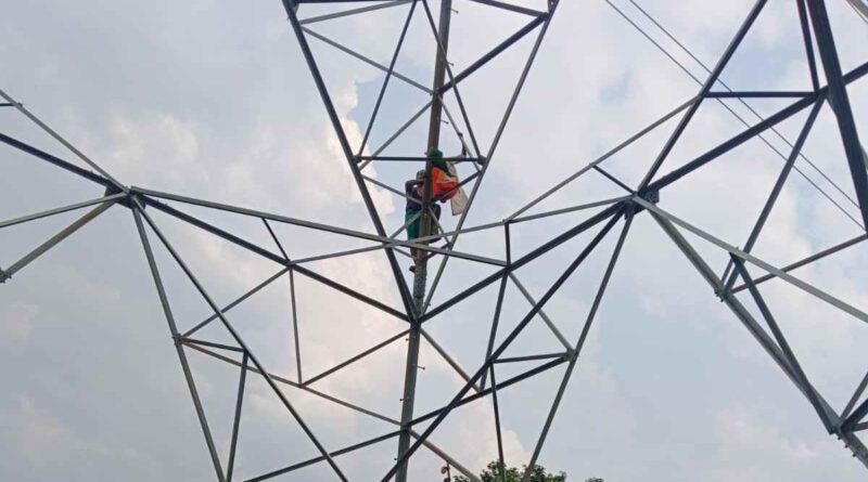 woman climbed up a high-tech electric pole
